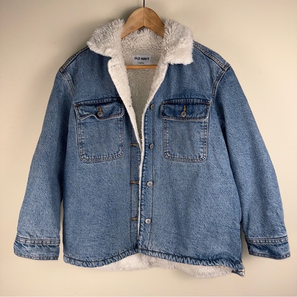 Old Navy Sherpa-Lined Non-Stretch Jean Utility Shacket For Women Petite Medium - Picture 2 of 13